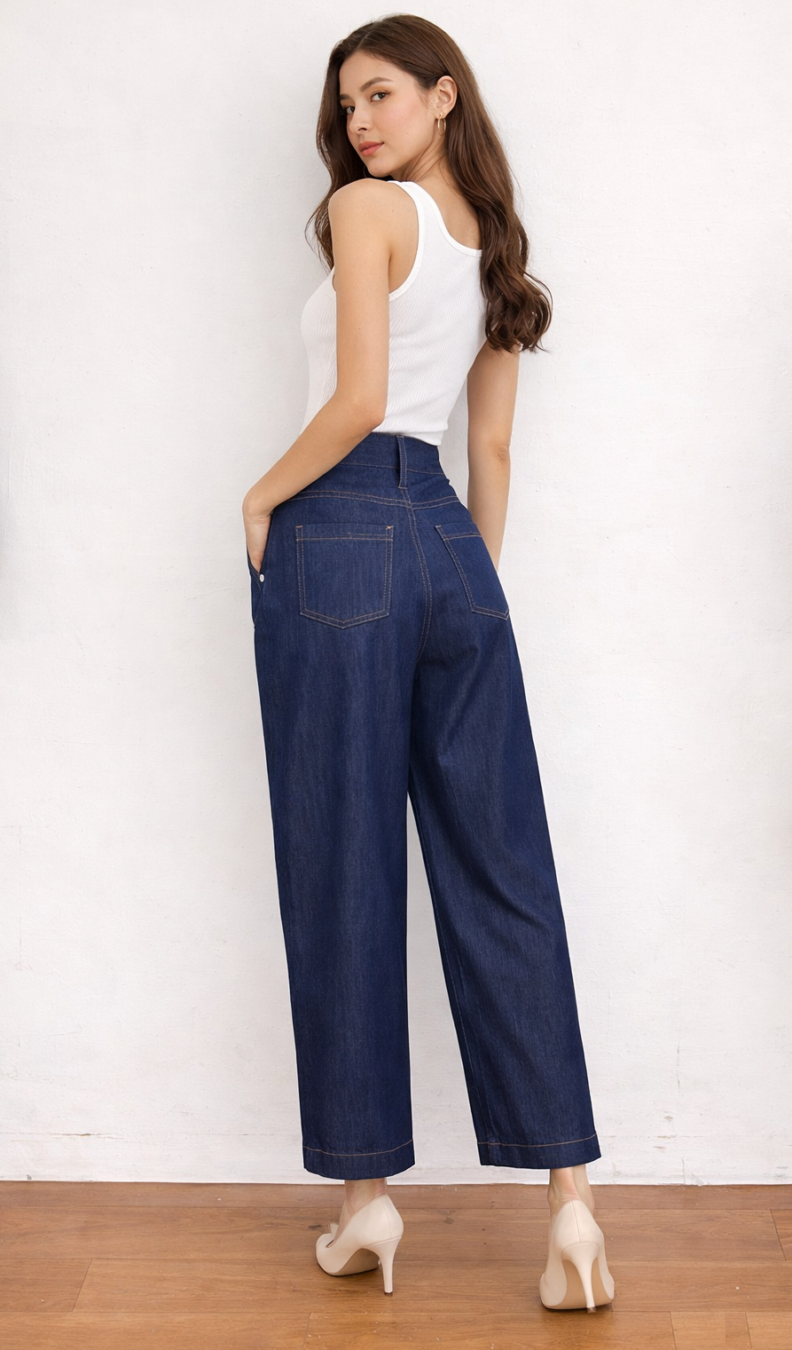 Indigo Denim Pants barrel shape.