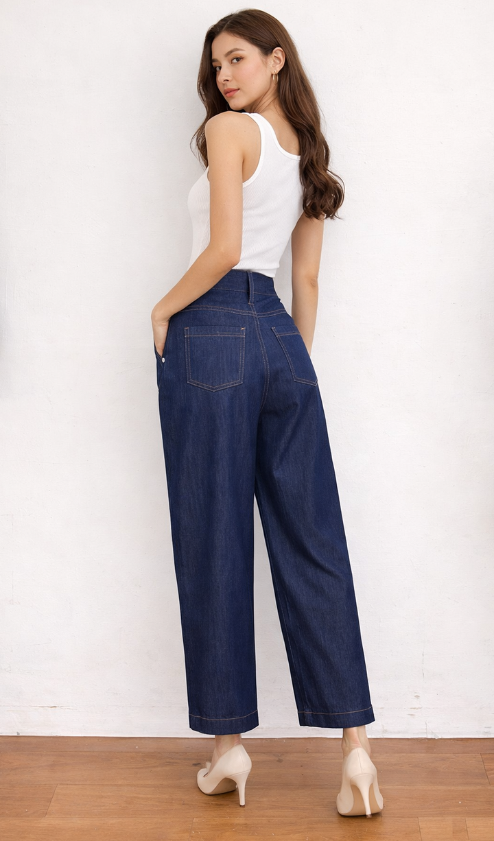 Indigo Denim Pants barrel shape.