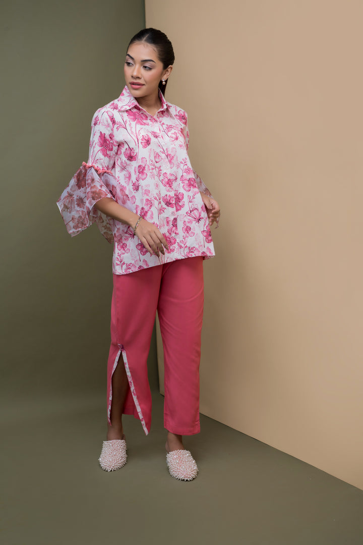 Print & Plain Set with Scarf Sleeves - Pink