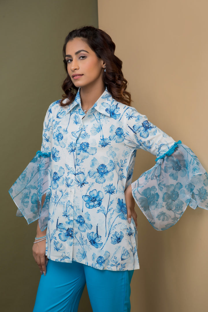 Print & Plain Set with Scarf Sleeves - Turquoise