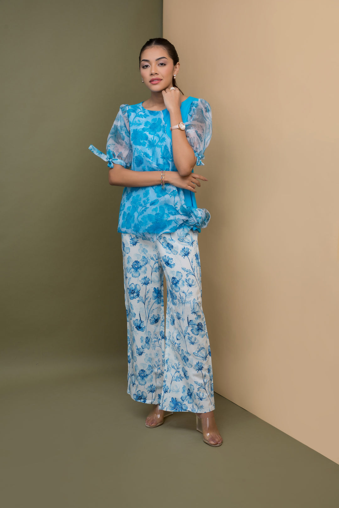 Print & Plain Set with Organza Overlay - Turquoise