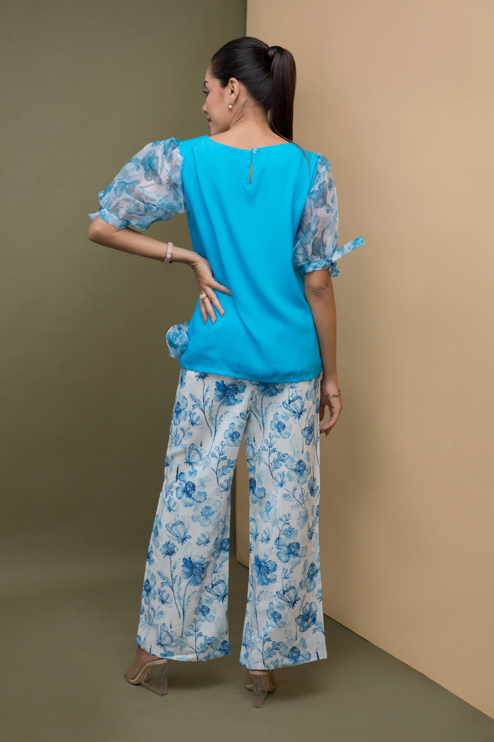 Print & Plain Set with Organza Overlay - Turquoise