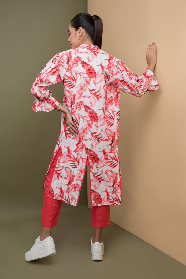 Print & Plain Long Jacket & Straight Pants Set - Coral