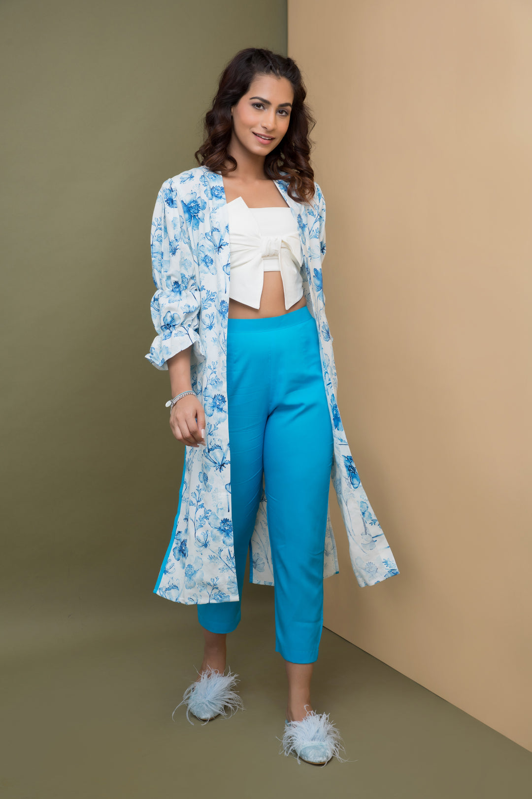 Print & Plain Long Jacket & Straight Pants Set - Turquoise