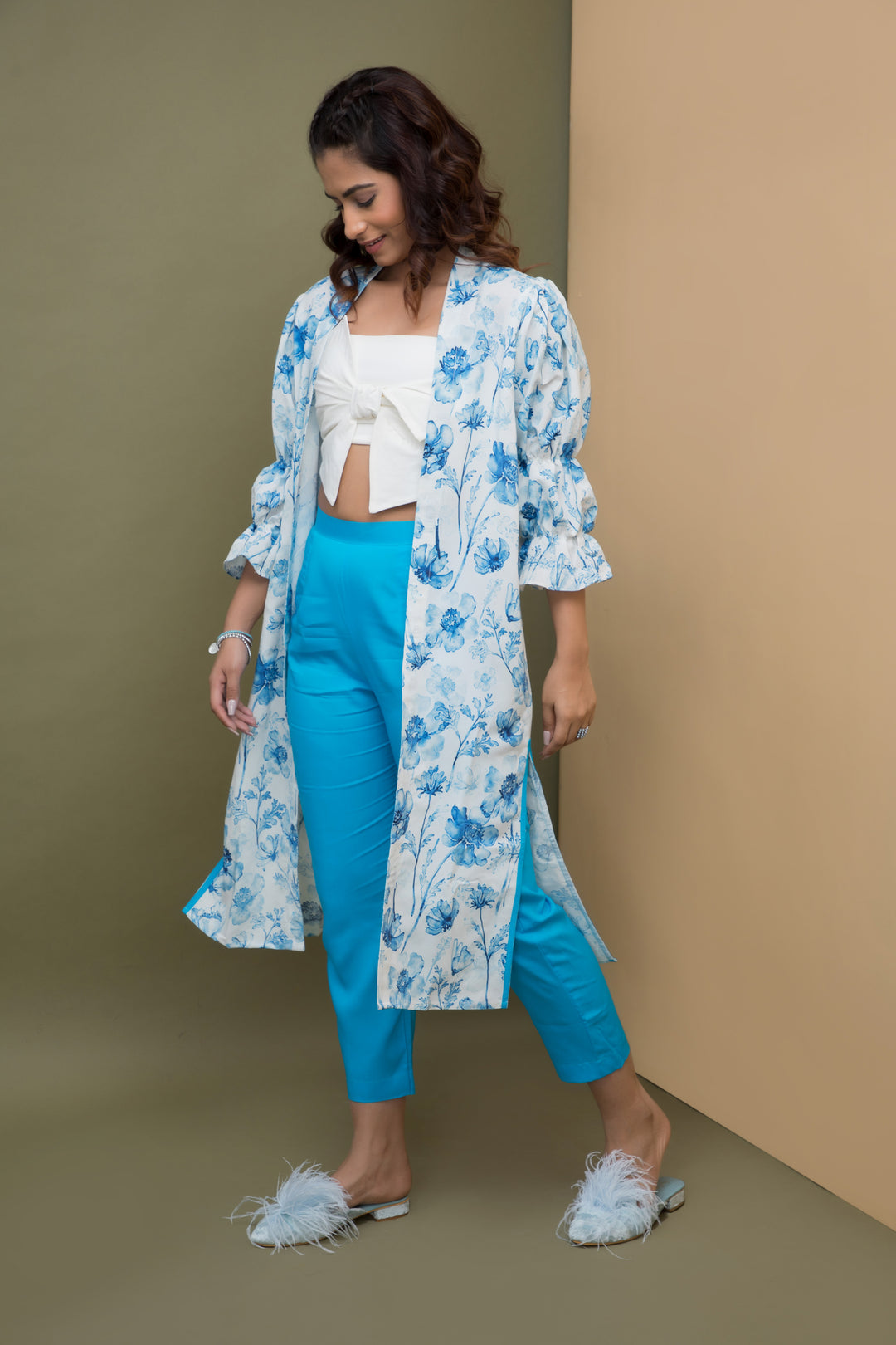 Print & Plain Long Jacket & Straight Pants Set - Turquoise