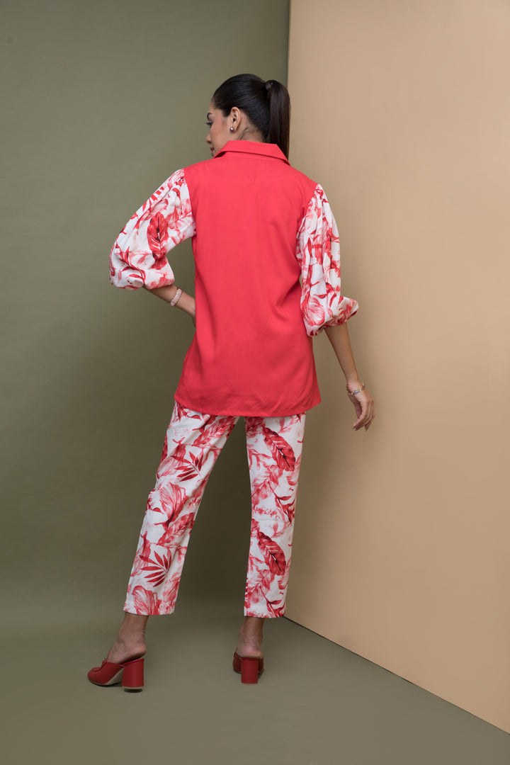 Print & Plain Long Shirt & Straight Pants Set - Coral
