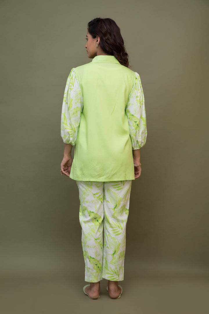 Print & Plain Long Shirt & Straight Pants Set - Lime Green