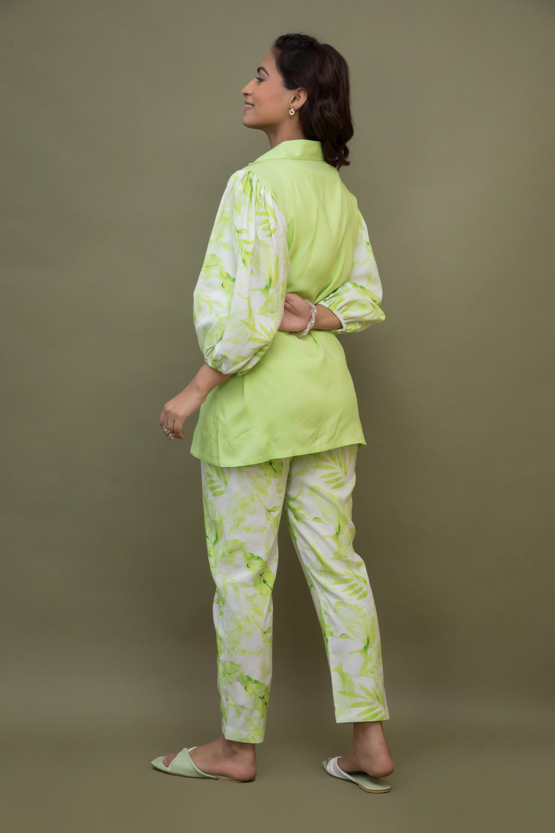 Print & Plain Long Shirt & Straight Pants Set - Lime Green