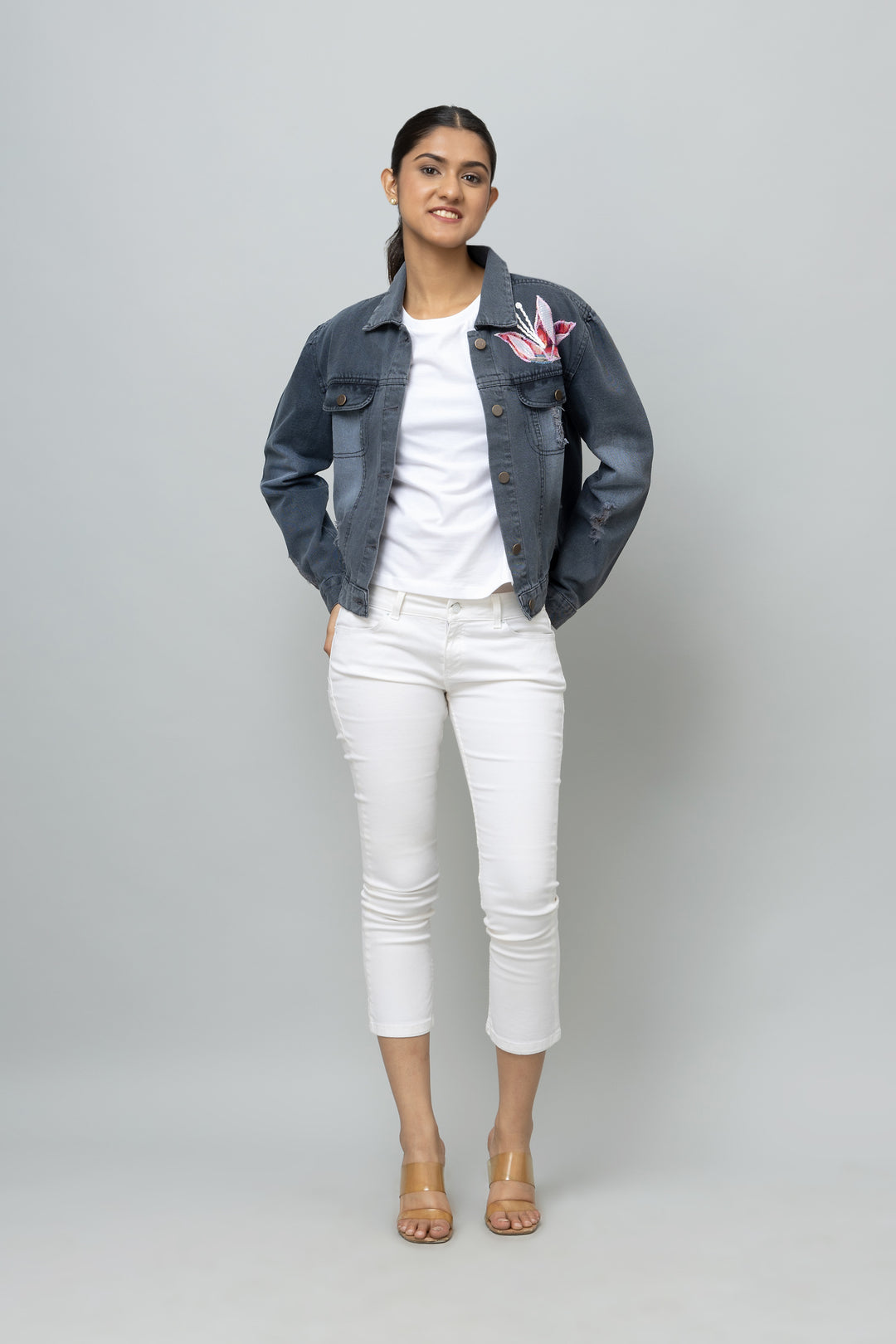 Denim Jacket - Floral Appliqué