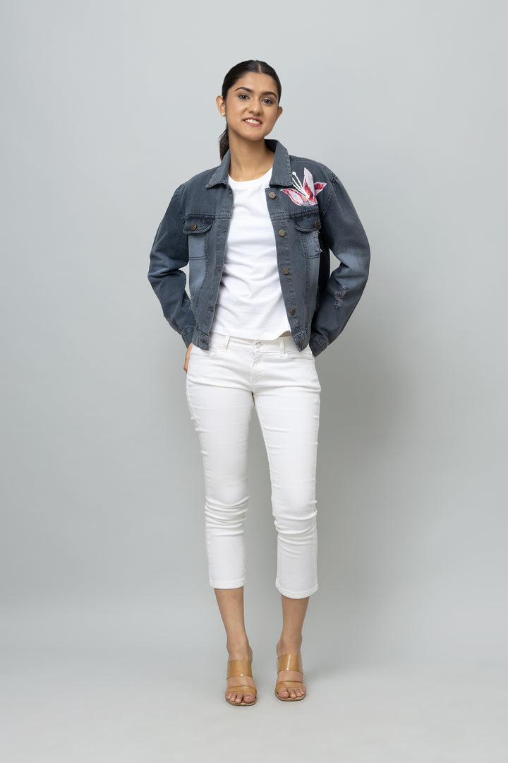 Denim Jacket - Floral Appliqué