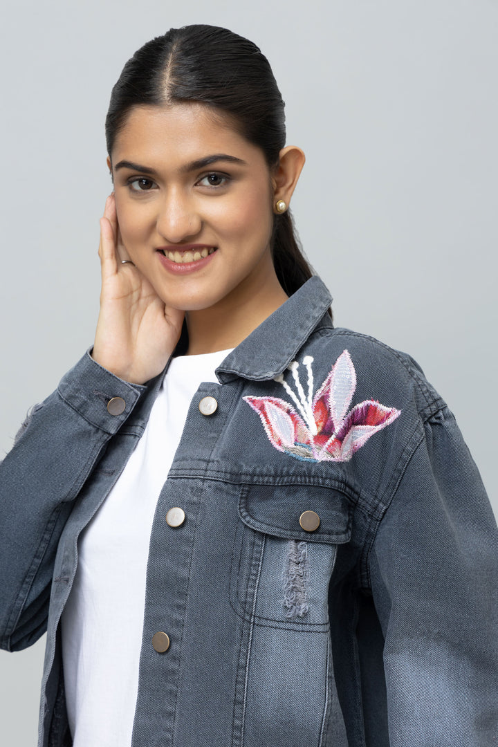 Denim Jacket - Floral Appliqué