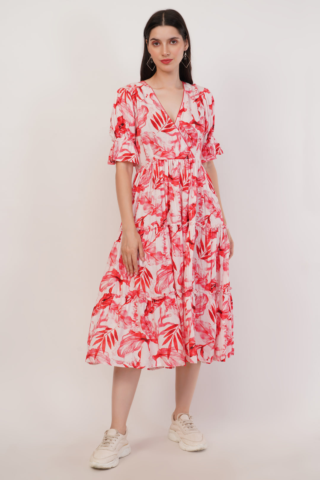 Leafy Print Tiered Dress