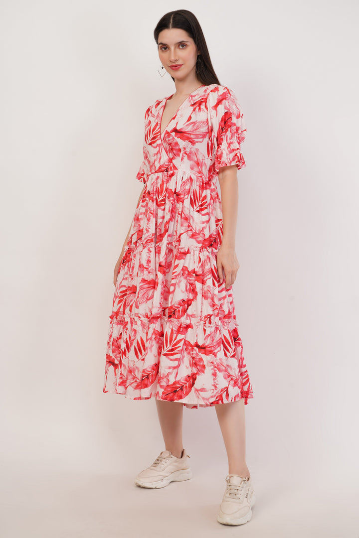 Leafy Print Tiered Dress