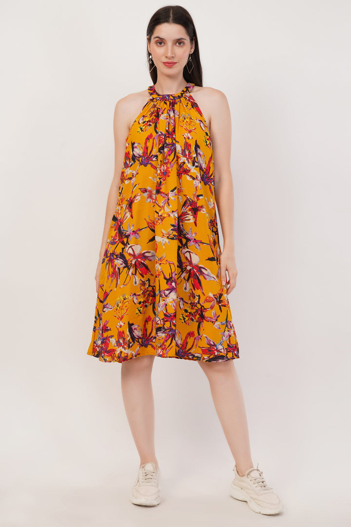 Ochre Yellow Printed Dress