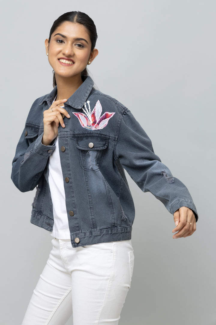 Denim Jacket - Floral Appliqué