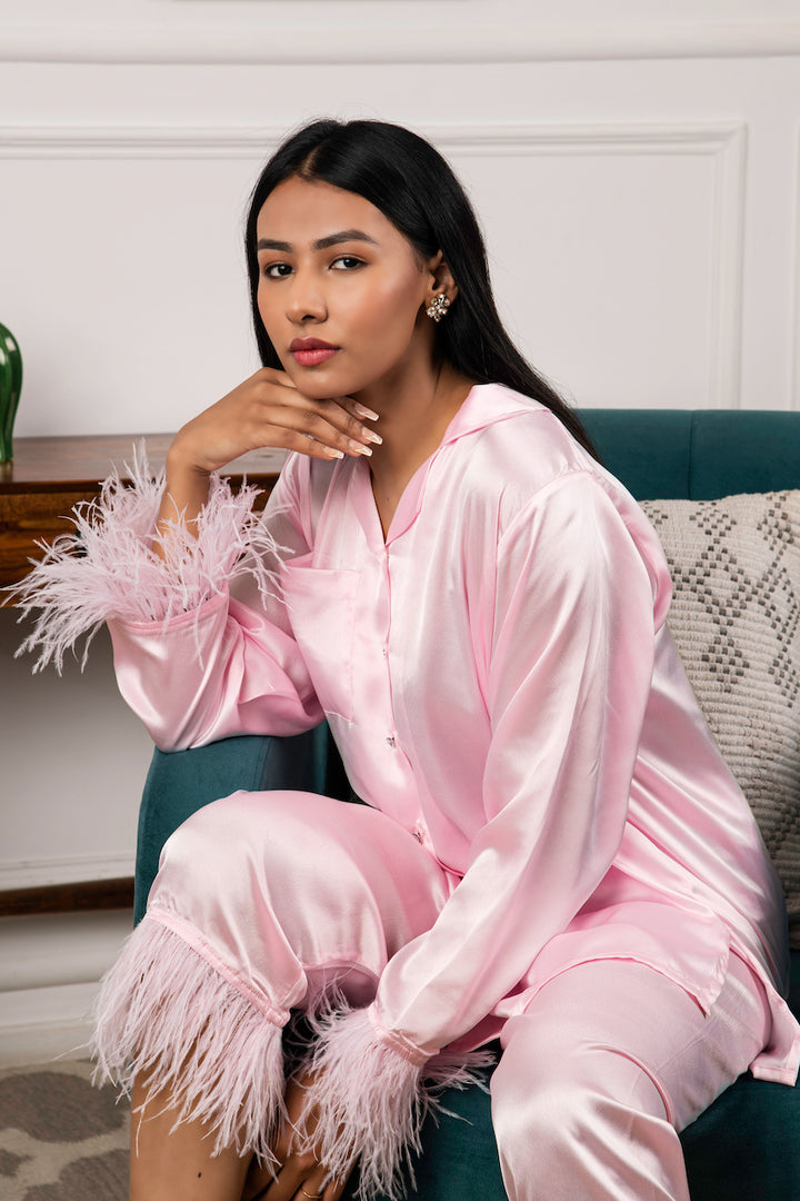 Satin with Feathers - Co-Ord - Pink